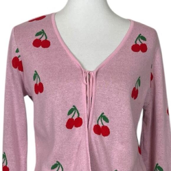 Nikkak Cardigan Sweater Tie Front Cropped Pink Red Cherry Pattern Women Size XL - Picture 5 of 12